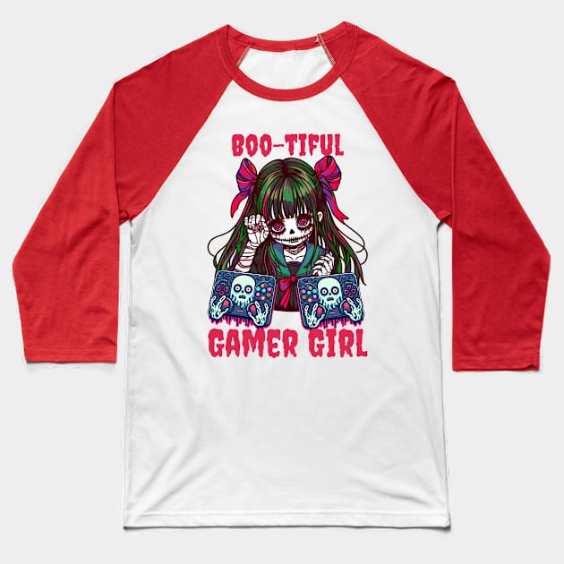 Halloween Spooky Gamer Girl Baseball T-Shirt by Japanese Fever